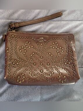 Coach Brown Studded Leather Wristlet Clutch